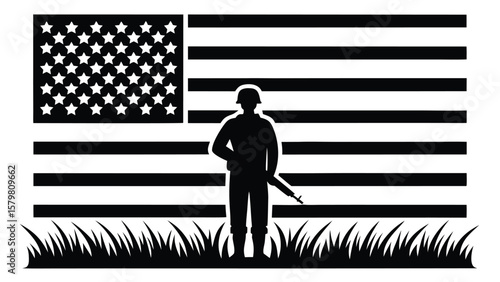 Soldier standing before American flag and grass military