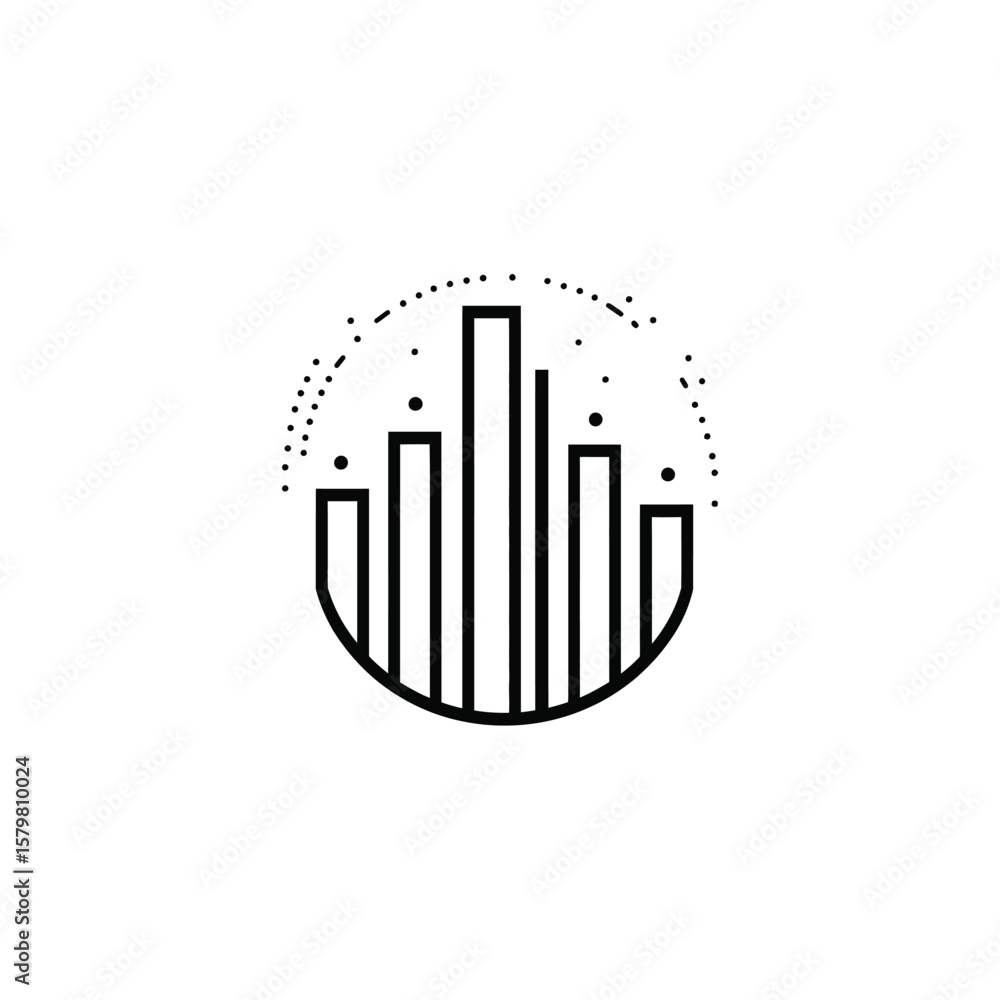 Obraz premium Abstract Black and White Minimalist Design of City Skyline with Dotted Circle