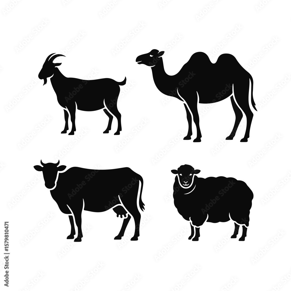 Fototapeta premium Black Silhouette Illustration Goat, Camel, Cow, and Sheep Animal Graphics