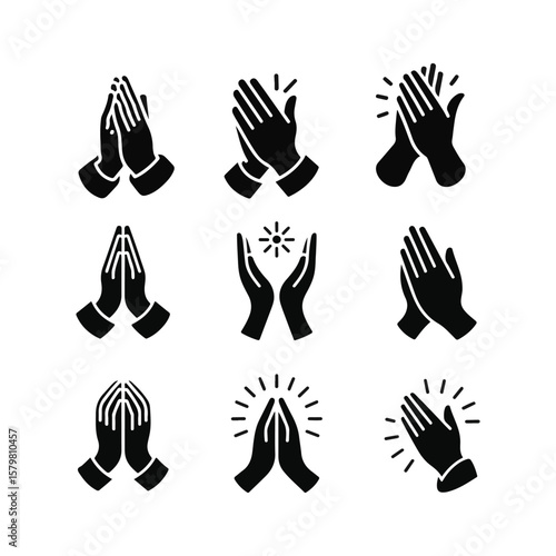 Black Silhouette Icons Showcasing Hands Clapping, Praying, and Holding a Star Symbol