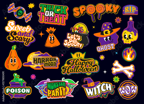 Halloween groovy y2k retro stickers, holiday funky patch labels of vector ghost, skull and pumpkin emojis. Halloween horror monster trick or treat candy, cocktail and witch hat y2k stickers set