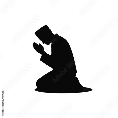 Silhouette of Muslim Man Praying with Head Covering on White Background