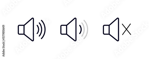 Set of speaker volume icons: high, medium, and mute. Represents audio control, sound settings, and multimedia interfaces. Clean line art design.