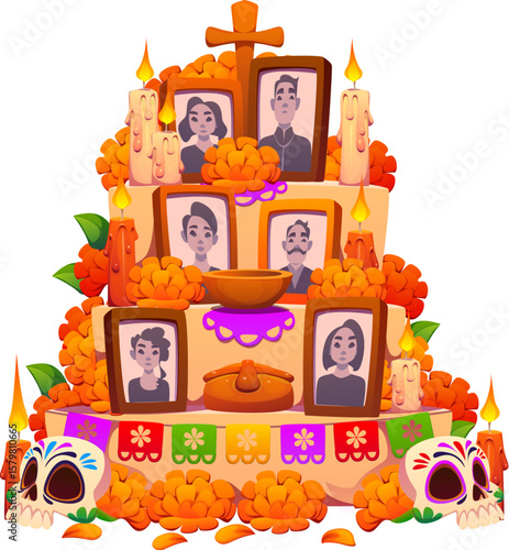 Cartoon day of the dead dia de los muertos mexican ofrenda altar adorned with traditional marigolds, candles, skulls and framed photos, it reflects the rich cultural heritage and ancestral remembrance