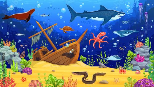 Cartoon sea animals at underwater landscape with fishes and sunken ship, vector background for game. Shark and octopus with turtle in undersea or ocean water with shipwreck in underwater landscape