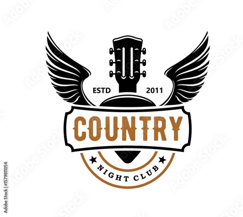 Country music icon for night club or Western band concert, vector guitar on wings. Country music sign for Texas rock festival, American saloon or Rockabilly nightclub badge with guitar and stars