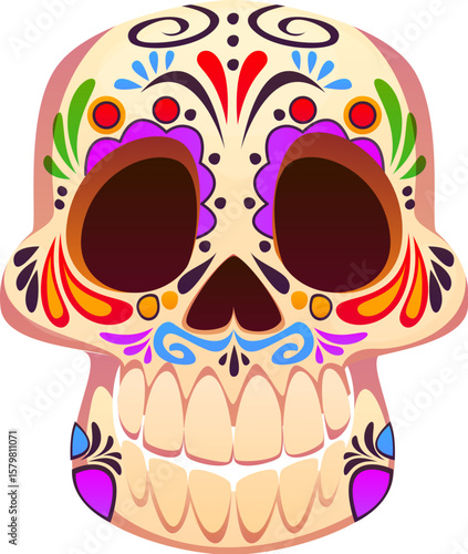 Cartoon day of the dead dia de los muertos sugar calavera skull featuring intricate and vibrant floral patterns. Traditional calaca head, festive decoration for holiday celebration, or Mexican culture
