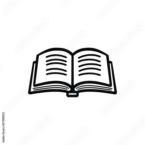 Black and White Illustration of an Open Book with Pages Visible, Isolated on White