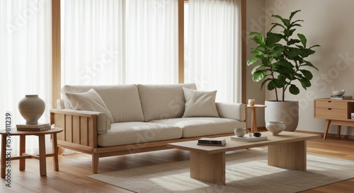 Modern Minimalist Living Room with Light Beige Sofa and Wooden Furniture