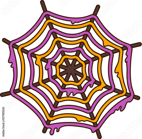 Cartoon groovy Halloween spiderweb or cobweb for horror night holiday, vector symbol. Spooky spider web with freaky threads in orange and purple colors for Halloween trick or treat party decoration
