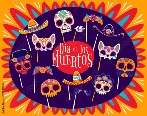 Mexican dead day and Halloween photo booth and carnival masks, cartoon vector. Dia De Los Muertos holiday masks and props of Catrina calavera skull, Mexican sombrero and mustaches for photo booth mask