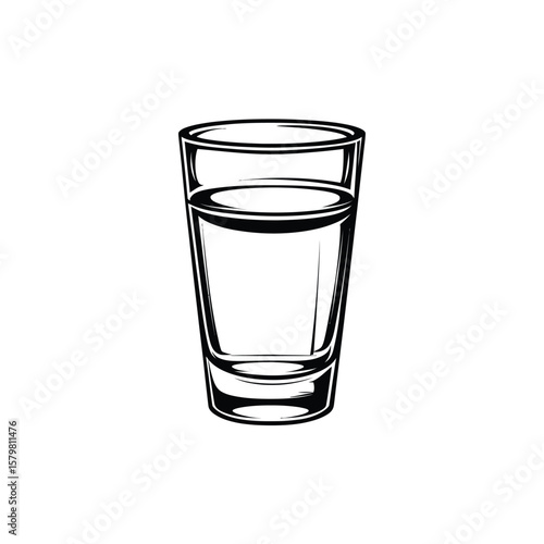 Black and White of a Shot Glass Filled with Clear Liquid Illustration