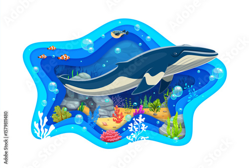 Cartoon paper cut underwater landscape with funny whale and fishes, vector undersea world. Ocean and sea underwater landscape with whale, coral reef clownfish and fugu in paper cut water seaweeds