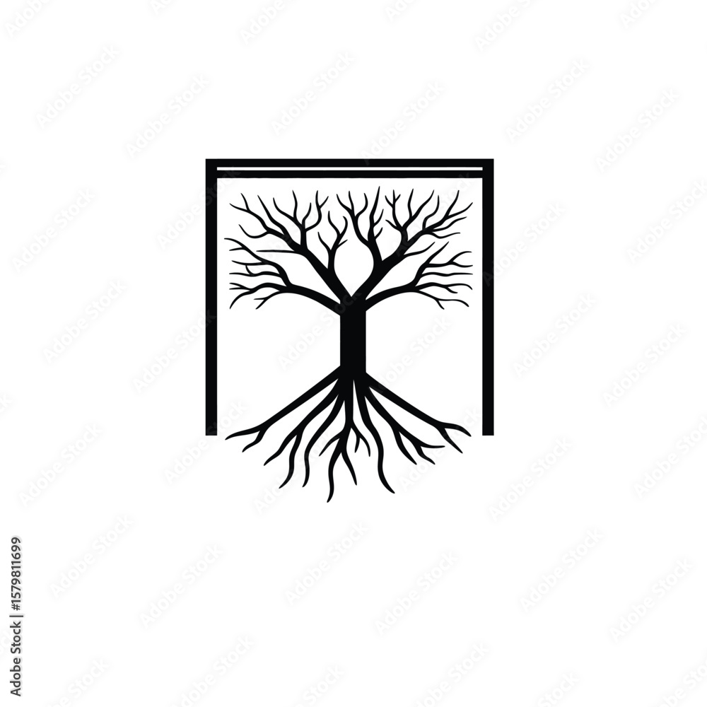 Obraz premium Black and White Tree Silhouette, Square Root System, Minimalist Symbol