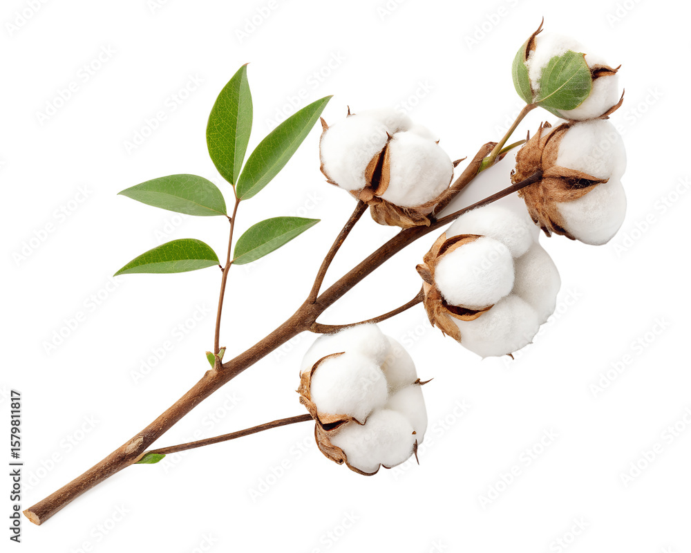 High-resolution cotton branch with fluffy white bolls and green leaves on isolated background. Ideal for eco branding, textile design, organic packaging, agriculture visuals, and natural themes. High-resolution cotton branch with fluffy white bolls and green leaves on isolated background. Ideal for eco branding, textile design, organic packaging, agriculture visuals, and natural themes.