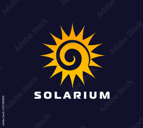 Solarium sun icon for tanning salon, SPA studio or summer beach resort, vector emblem. Solarium icon of spiral sun with yellow rays or shine beams for skincare cosmetics brand or tanning cream