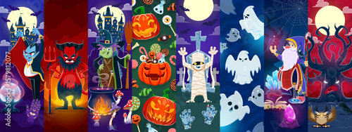 Cartoon Halloween holiday characters collage featuring vibrant vector panels with vampire, wizard, witch, mummy and ghosts, devil, creepy tree and owl at the horror night scenes with spooky creatures