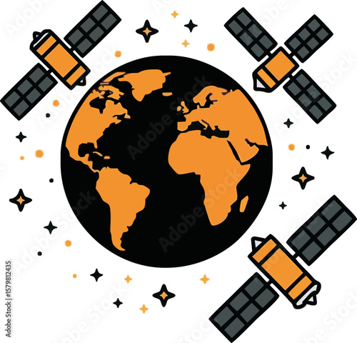 Illustration of Earth surrounded by orbiting satellites, depicting global communication.