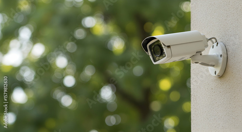 Outdoor Security Camera Installed on a Wall Surrounded by Blurred Greenery in a Residential Environment