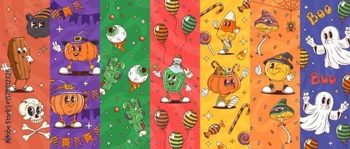 Cartoon groovy Halloween characters collage featuring festive scenes with pumpkins, ghosts and playful creatures like a spooky eyeball, coffin, zombie hand, corn candy, potion bottle in vivid panels