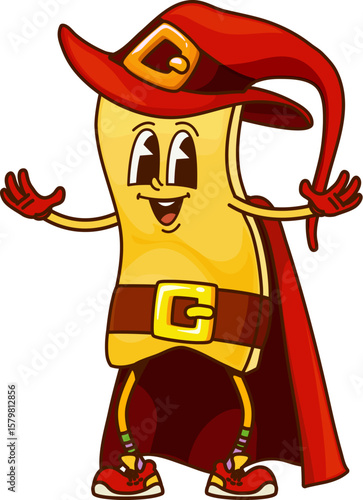 Cartoon groovy Halloween pasta wizard character with funny face, vector sorcerer. Halloween holiday pasta character in witch hat and magician mantle or mage cape with happy smile in retro cartoon