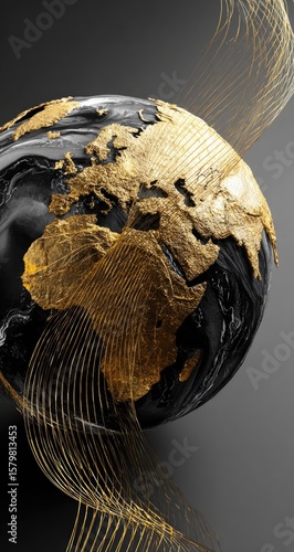 Gold-embellished Earth globe, abstract lines