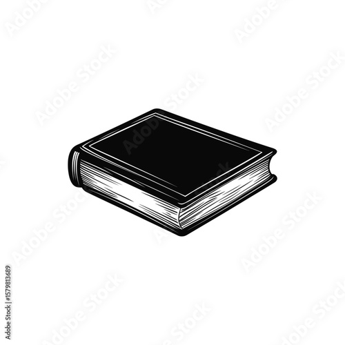 Black Sketch of a Closed, Hardcover Book with Visible Pages on White Background