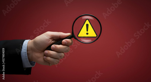Hand Holding Magnifying Glass Focused on Yellow Warning Sign Against Deep Red Background