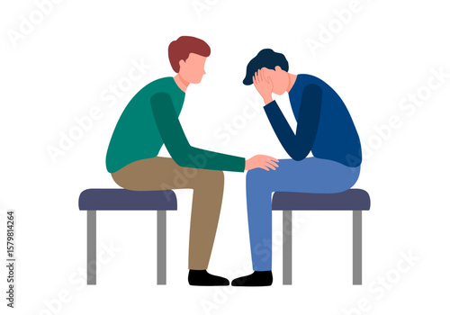 Empathy, understanding and helping concept. Young man comforting his sad disappointed friend and encouraging his colleague vector illustration