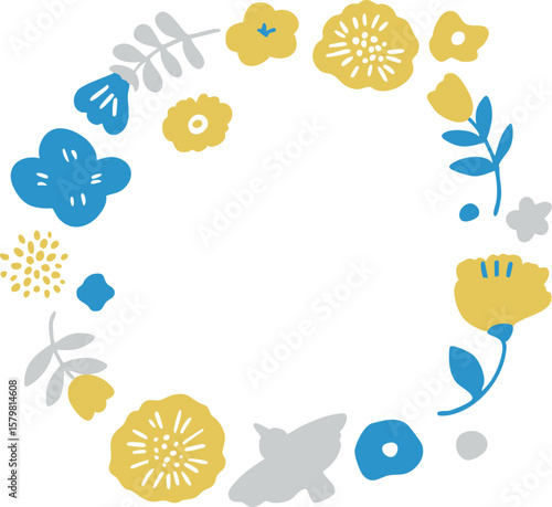 北欧風の草木と花のイラストセット。夏の草花の北欧風フレーム。かわいい花の背景。A set of illustrations of Scandinavian-style plants and flowers. Scandinavian-style frame of summer flowers. Cute floral background.