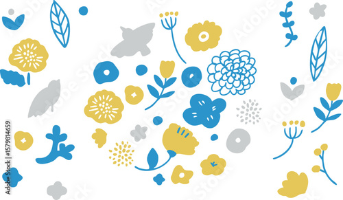 北欧風の草木と花のイラストセット。夏の草花の北欧風フレーム。かわいい花の背景。A set of illustrations of Scandinavian-style plants and flowers. Scandinavian-style frame of summer flowers. Cute floral background.