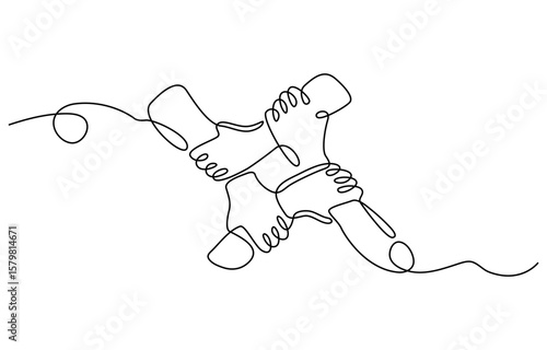 People unite their hands together continuous line drawing isolated background for Teamwork concept.