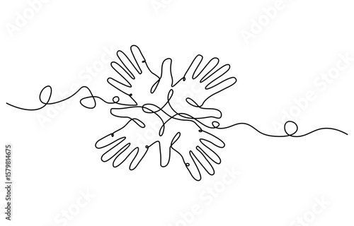 People unite their hands together continuous line drawing isolated background for Teamwork concept.
