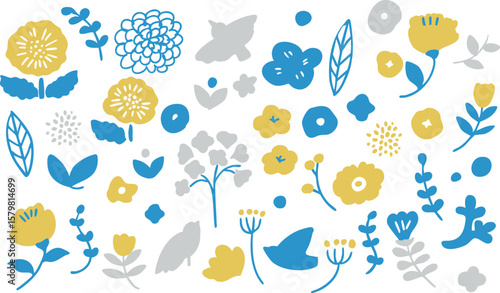 北欧風の草木と花のイラストセット。夏の草花の北欧風フレーム。かわいい花の背景。A set of illustrations of Scandinavian-style plants and flowers. Scandinavian-style frame of summer flowers. Cute floral background.