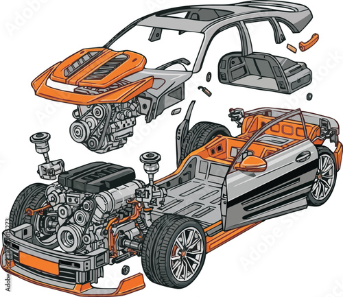 Exploded view diagram of a sports car's mechanical components, showcasing engine, chassis, and body parts.