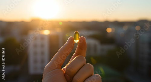 Hand Holding Transparent Yellow Vitamin Capsule Against Sunrise in Urban Landscape