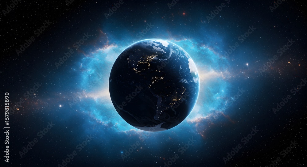 Fototapeta premium Earth Surrounded by a Vibrant Blue Cosmic Aura in a Space Environment with Distant Stars and Galaxies