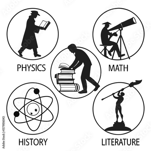 Academic subject icons silhouettes featuring scholars and symbols education subjects