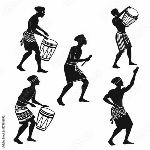African drummers and dancers in traditional attire silhouette