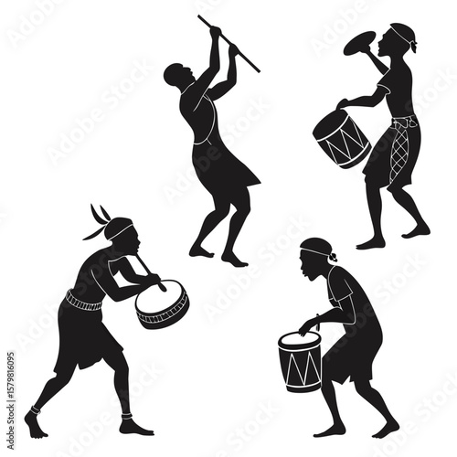 African drummers and dancers performing traditional music and dance silhouette
