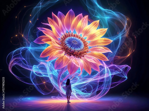 Surreal Fantasy Girl Standing Before Giant Glowing Sunflower With Ribbons Of Light