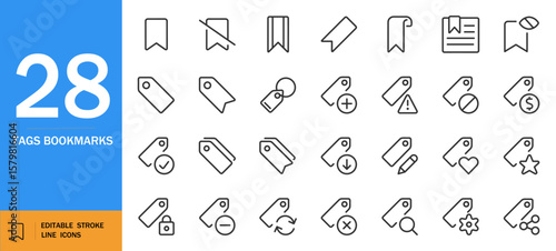 Tags & bookmarks icon set. Minimal line art vector collection. Includes labels, markers, web tags, e-commerce, UI elements and more. Editable stroke design.