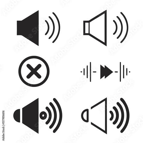 Black audio speaker icons with sound waves and mute symbol volume