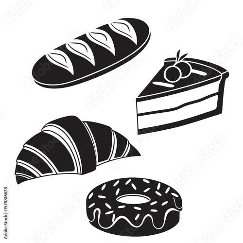 Black bakery items silhouettes on white background bread croissant