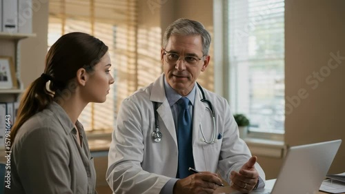 Wallpaper Mural Mature male doctor talking to a young female patient during a medical consultation in his office. He is explaining information from a laptop. Torontodigital.ca