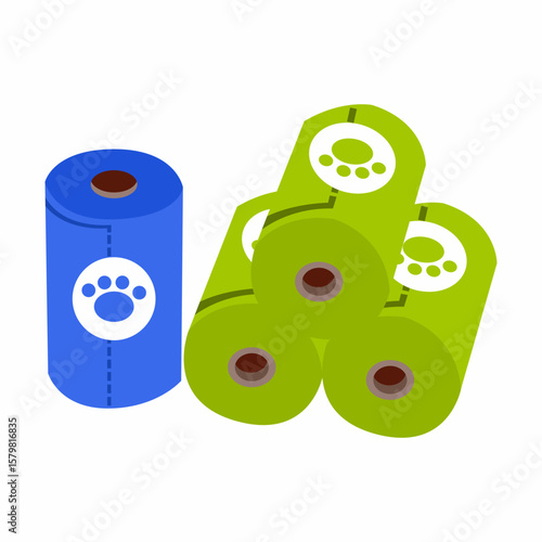 Colorful vector illustration of dog poop bags in rolls with paw print icon. Ideal for pet supply ads, packaging, e-commerce, or instructional designs.