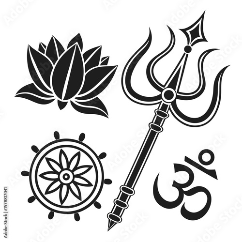 Black Hindu symbols lotus trishul dharma chakra om hinduism