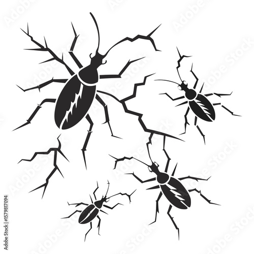 Black insects with sharp fragmented limbs cockroach white