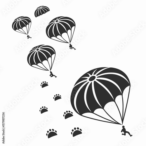Black parachutes with people descending and paw prints skydiving descent