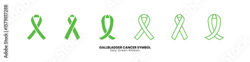 A horizontal array of diverse kelly green ribbon gallbladder cancer awareness symbols, ideal for medical and support campaigns